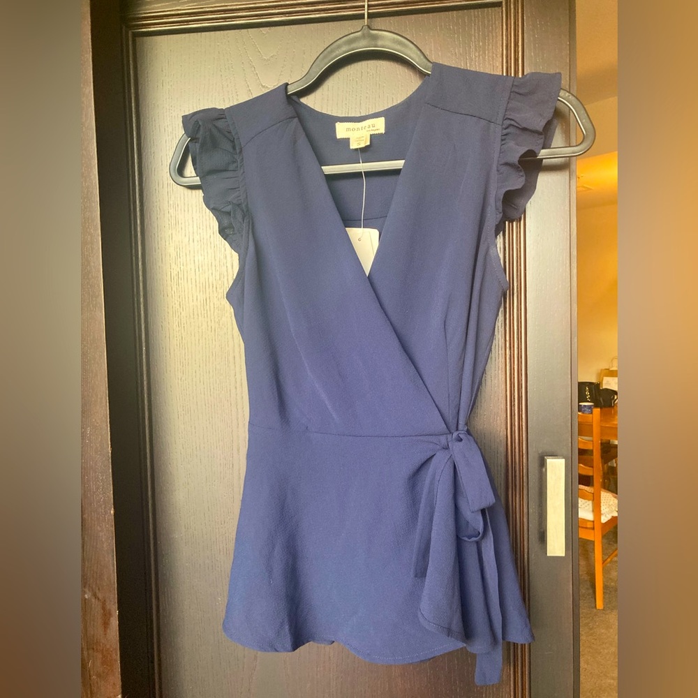 Monteau Navy Blue Ruffled Blouse - Size S